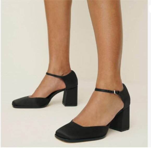 miss left Black Satin Square Toe Adjustable Ankle Buckle D'Orsay Pumps - Picture 1 of 8